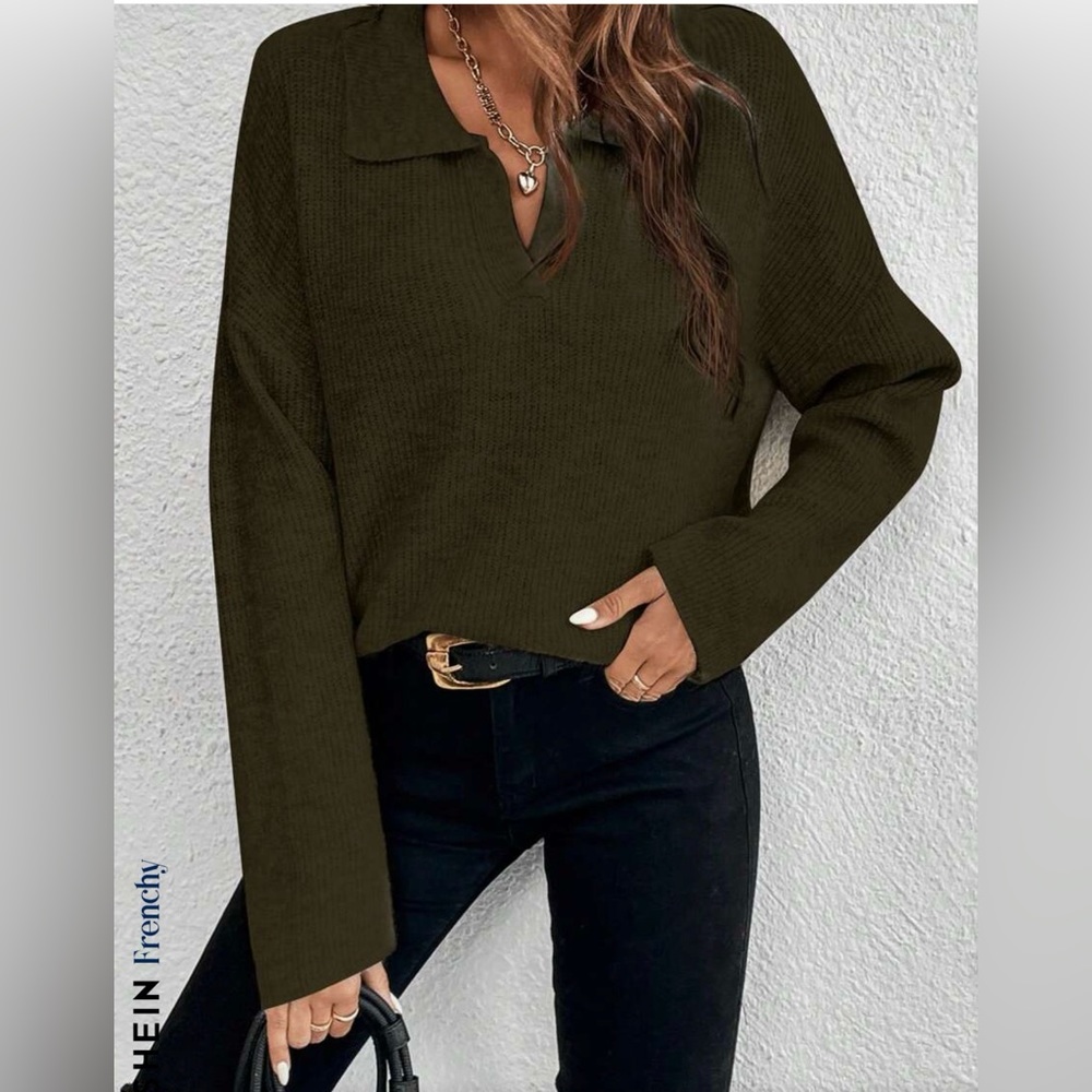 SHEIN Frenchy Solid Drop Shoulder Sweater Dark Green XS